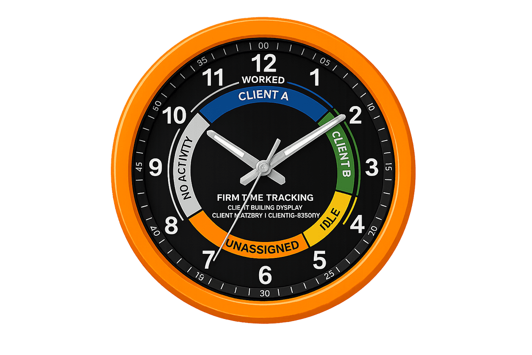 Firm time tracking clock showing client activity breakdown